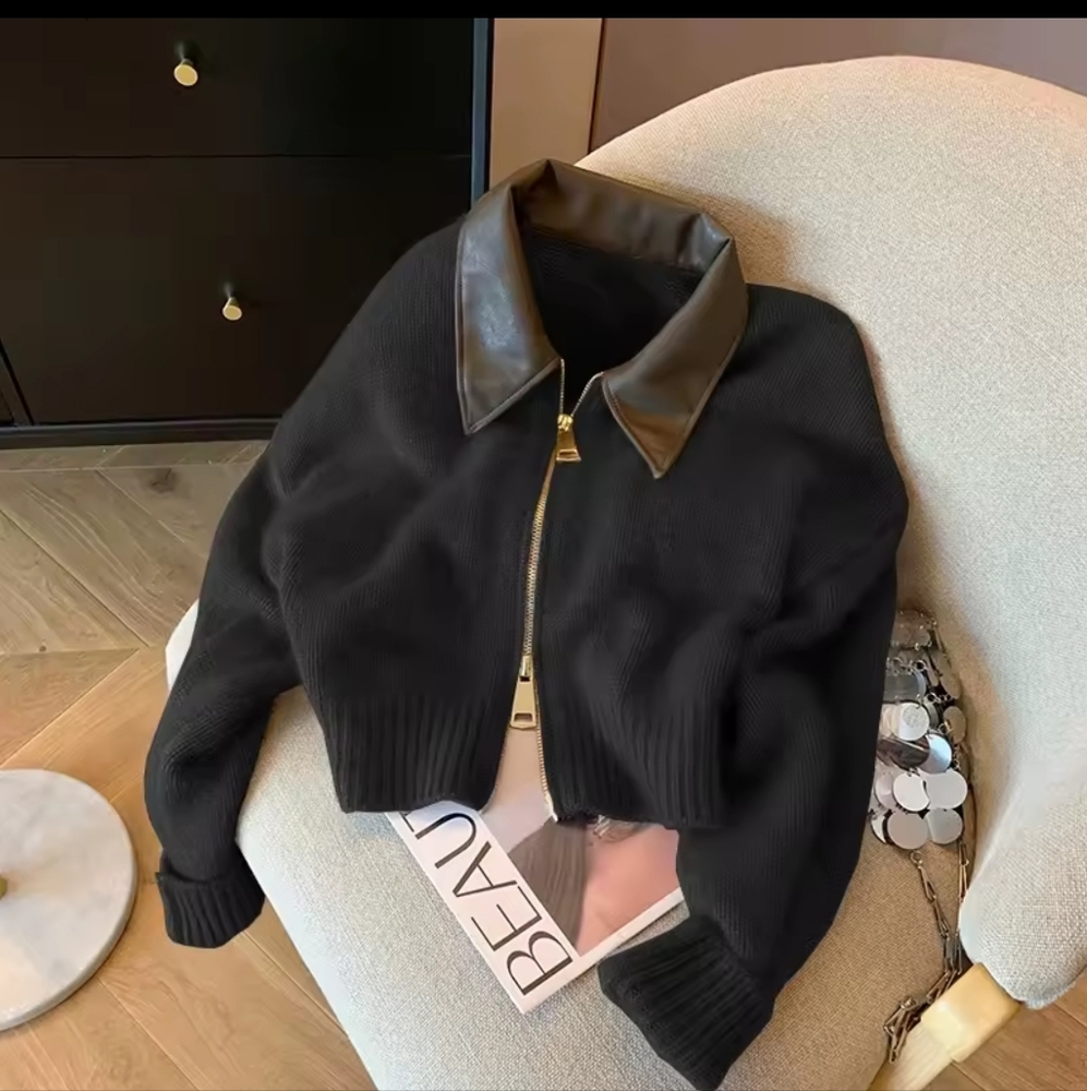 Collar Knit Sweater Fashion Double Zipper Cardigan - Picture 5 of 8